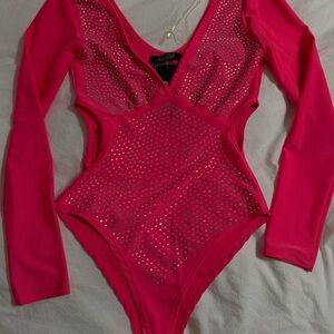 Pink Long Sleeve Bodysuit with Rhinestones
